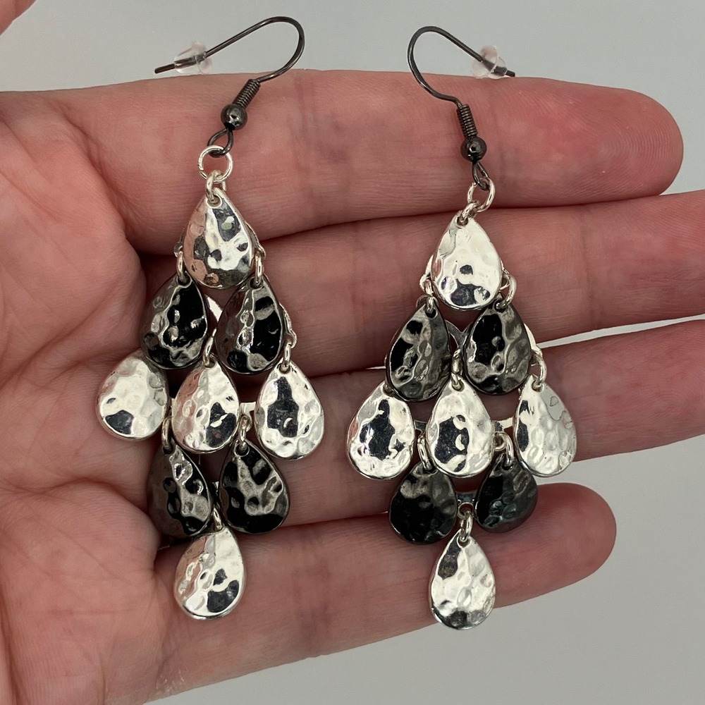 Chandelier Earrings Silver Tone Gunmetal Teardrop Dangle Statement Eclectic Edgy
